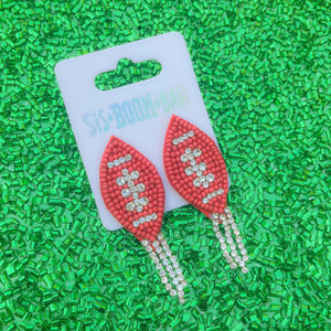Beaded Red Football Earrings with Crystal Fringe