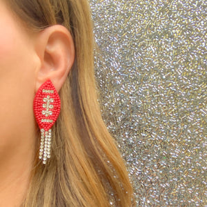 Beaded Red Football Earrings with Crystal Fringe
