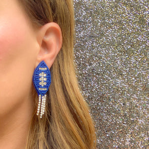 Beaded Blue Football Earrings with Crystal Fringe